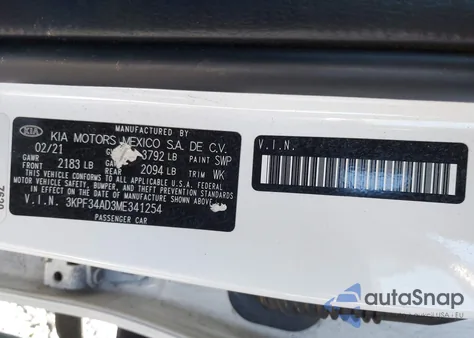 2021 Kia Forte Gt-Line из США, поврежденный, VIN 3KPF34AD3ME341254